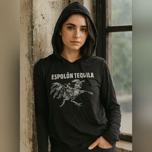 Womens Espolón Tequila Hoodie M Black Rooster Lightweight L/S Alcohol *Flaws*